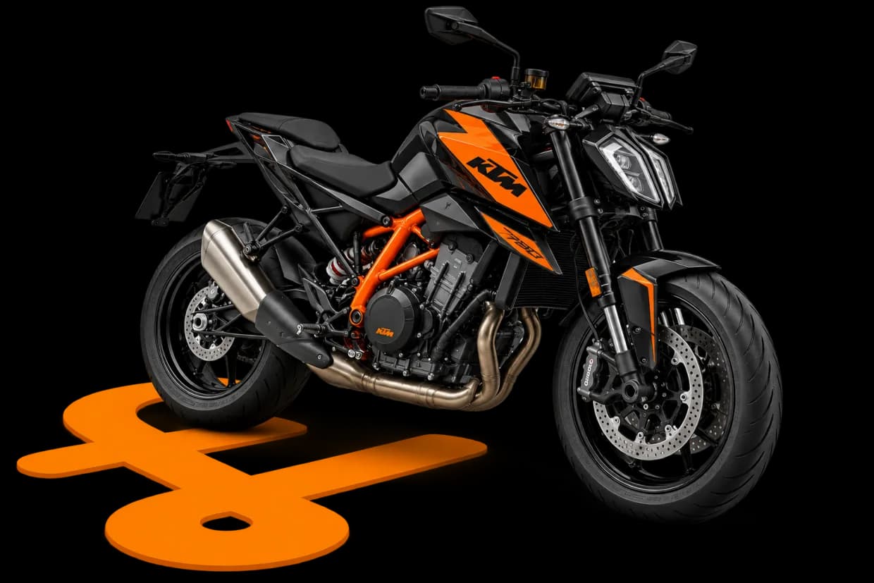 A black and orange motorcycle parked over a glowing pound sign